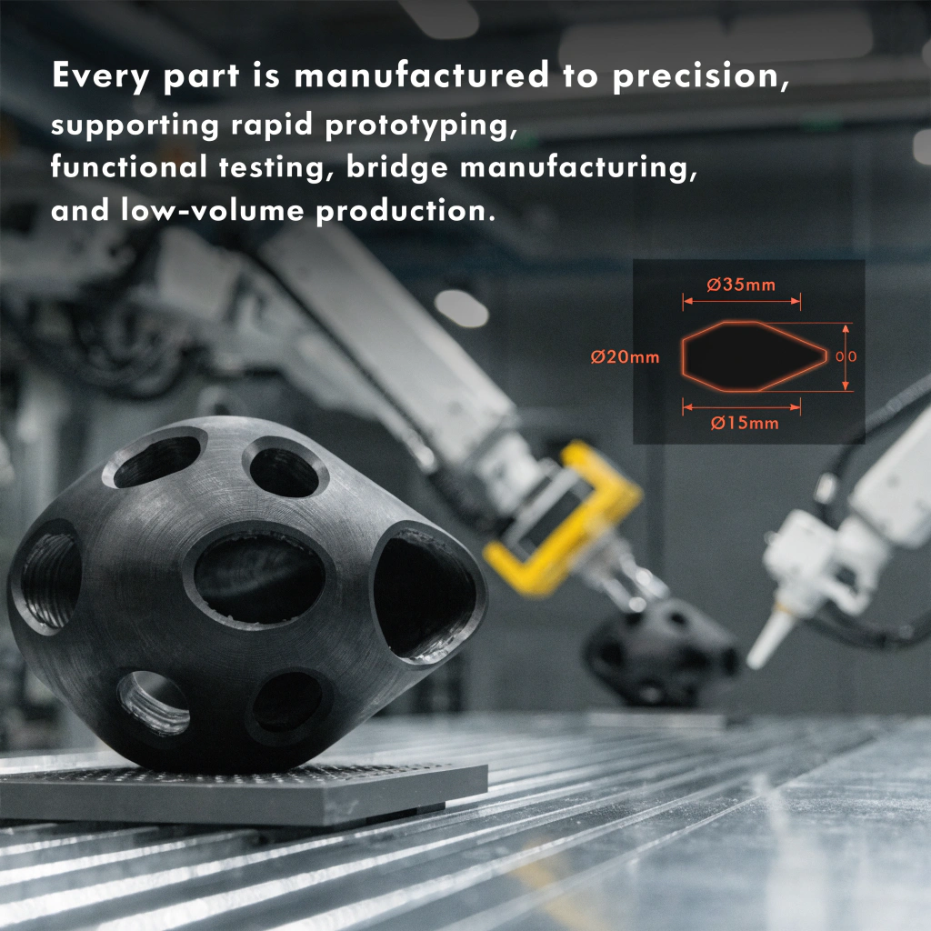 Every part is manufactured to precision, supporting rapid prototyping, functional testing, bridge manufacturing, and low-volume production.