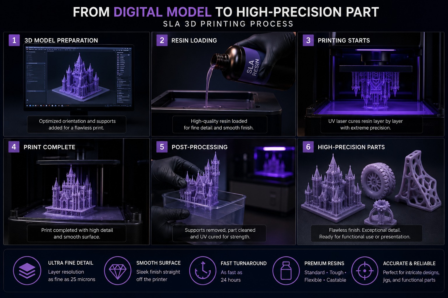 SLA 3D Printing process, from digital model to high-precision part